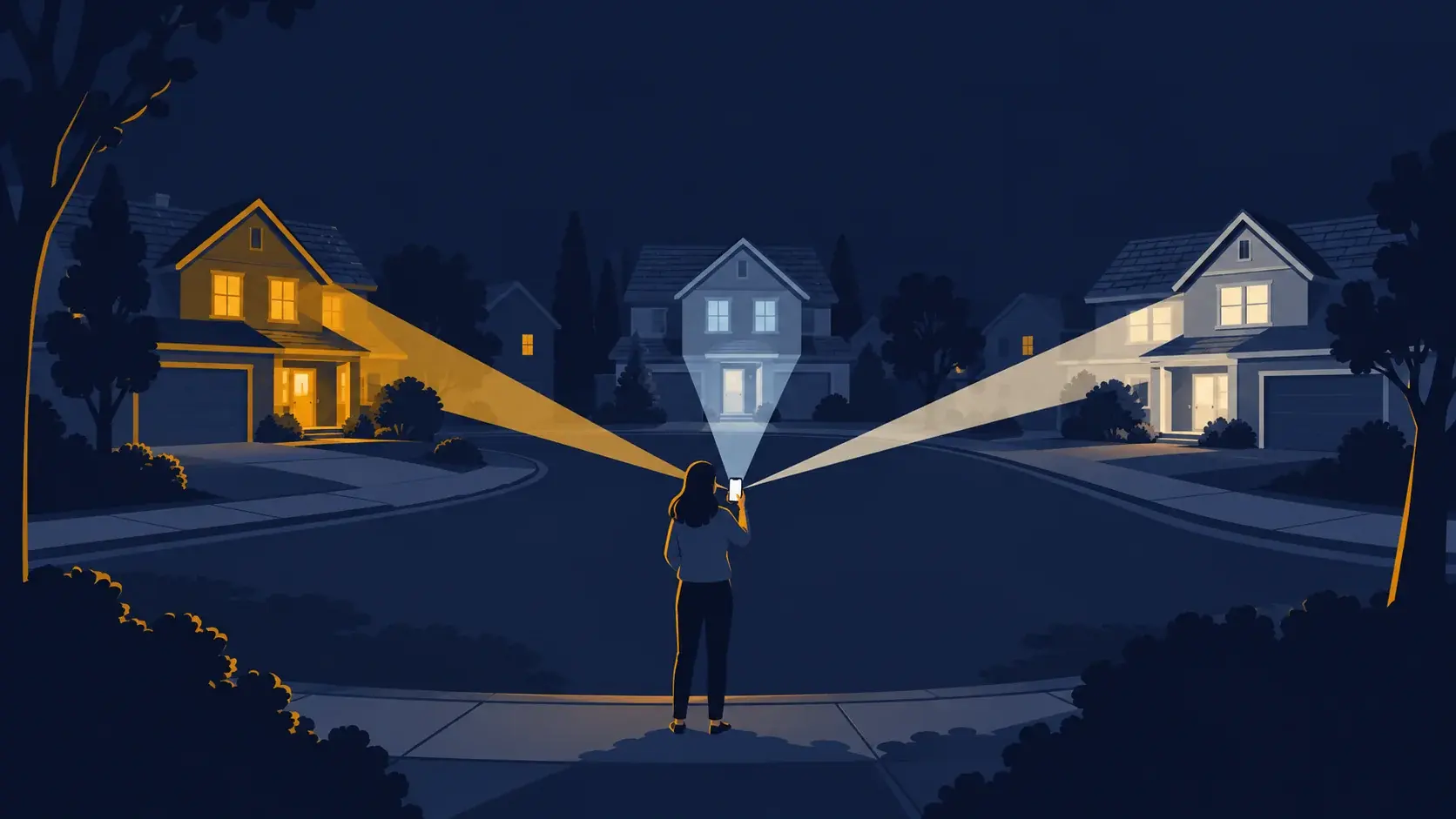 A homeowner stands on a suburban street at dusk holding up a phone. Three beams of light in different colours fan out from the phone and land on three different houses along the street.