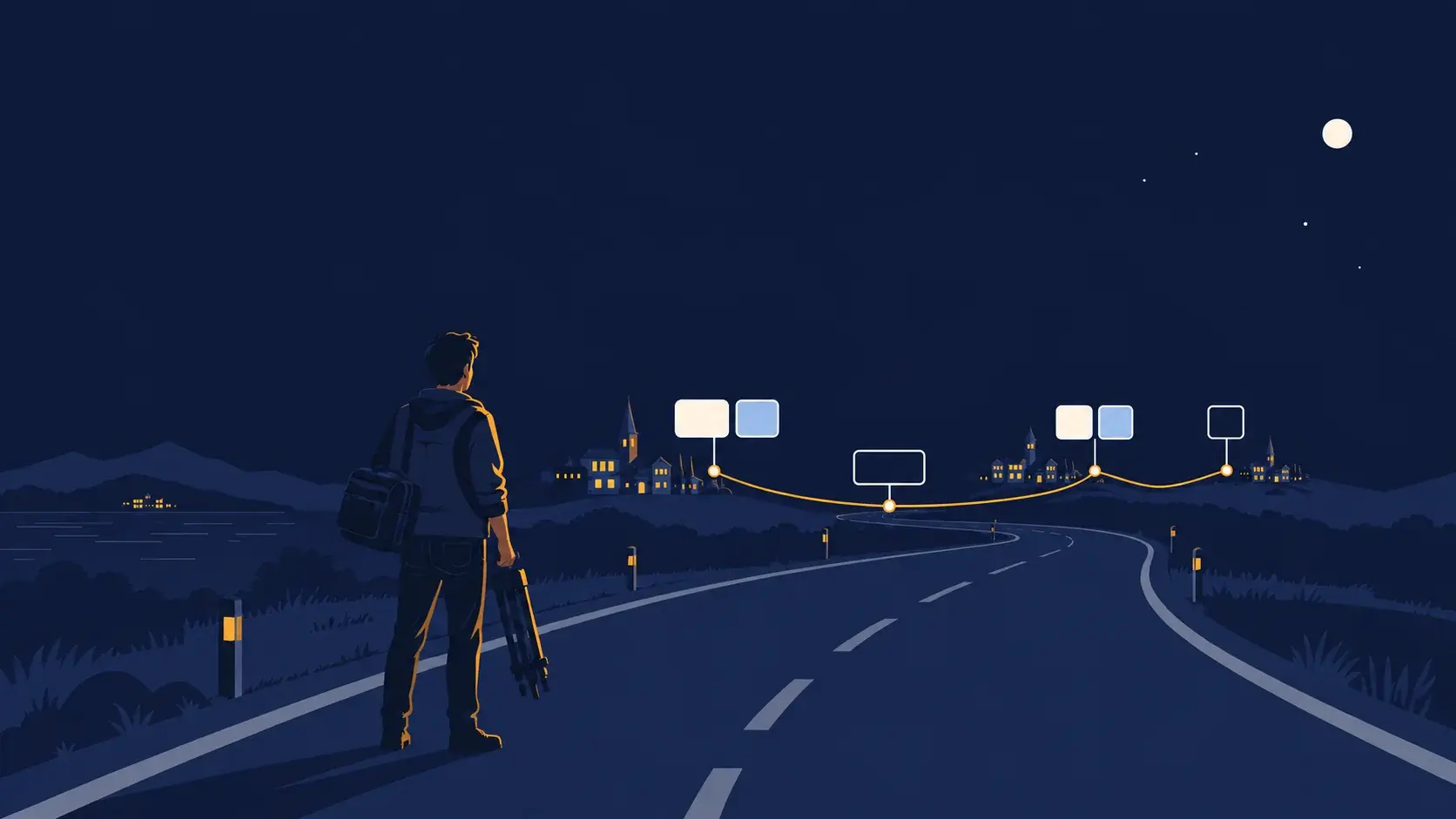 A photographer carrying a tripod and camera bag stands on a highway at night, looking toward a chain of lit towns in the distance. A gold route line runs between them, with empty booking slots floating above each stop.