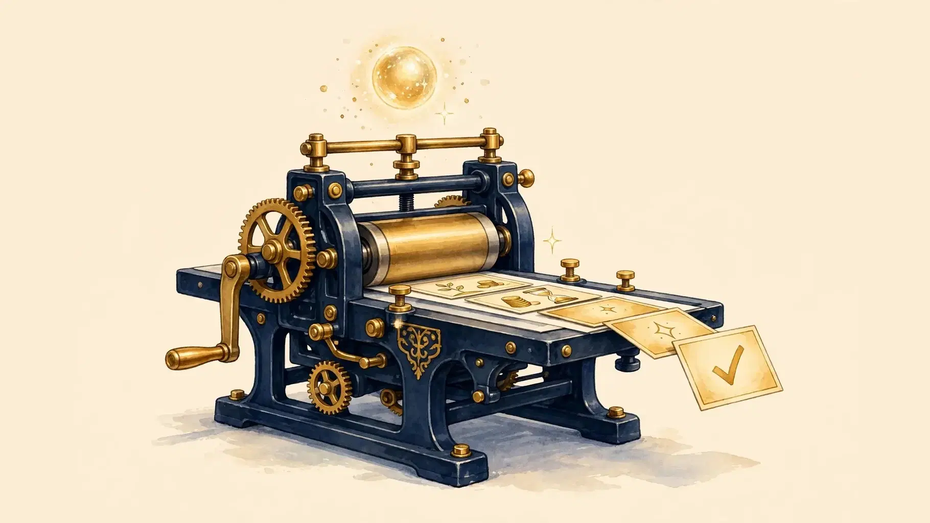 An illustrated vintage printing press in deep navy and gold printing a row of post cards, with a small glowing golden orb above it and a gold approval checkmark on the finished card, on a warm cream background.