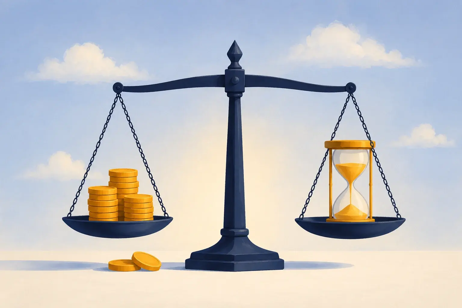 An illustrated balance scale weighing a stack of gold coins against an hourglass, sitting almost level: the cash cost of a website against the hours it takes to build one yourself.