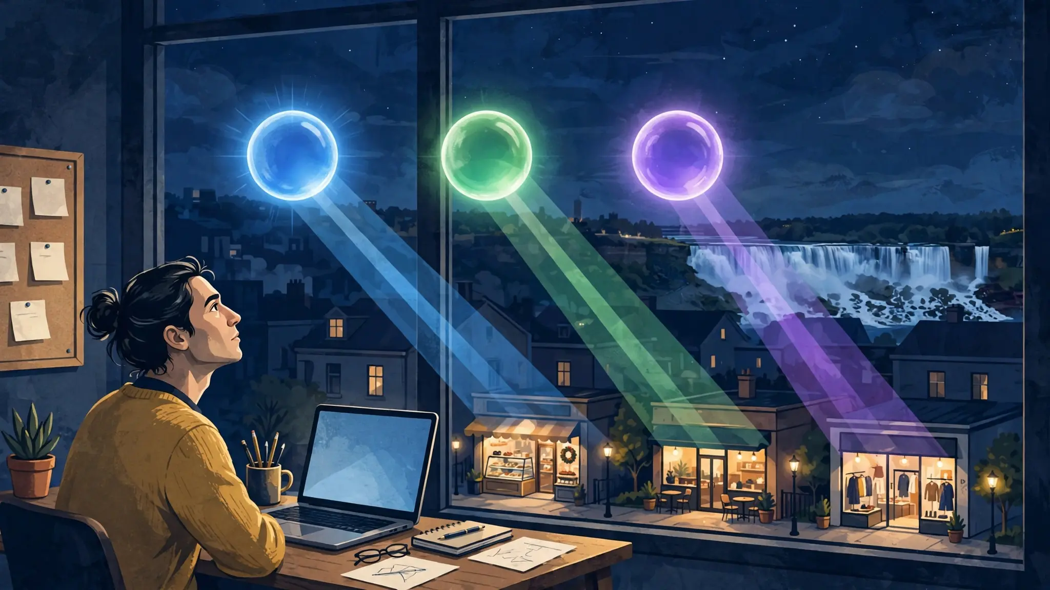 A web designer at a desk at night looks out a large window at three glowing AI orbs in blue, green and purple, each beaming light onto a different local storefront, with Niagara Falls glowing in the distance.