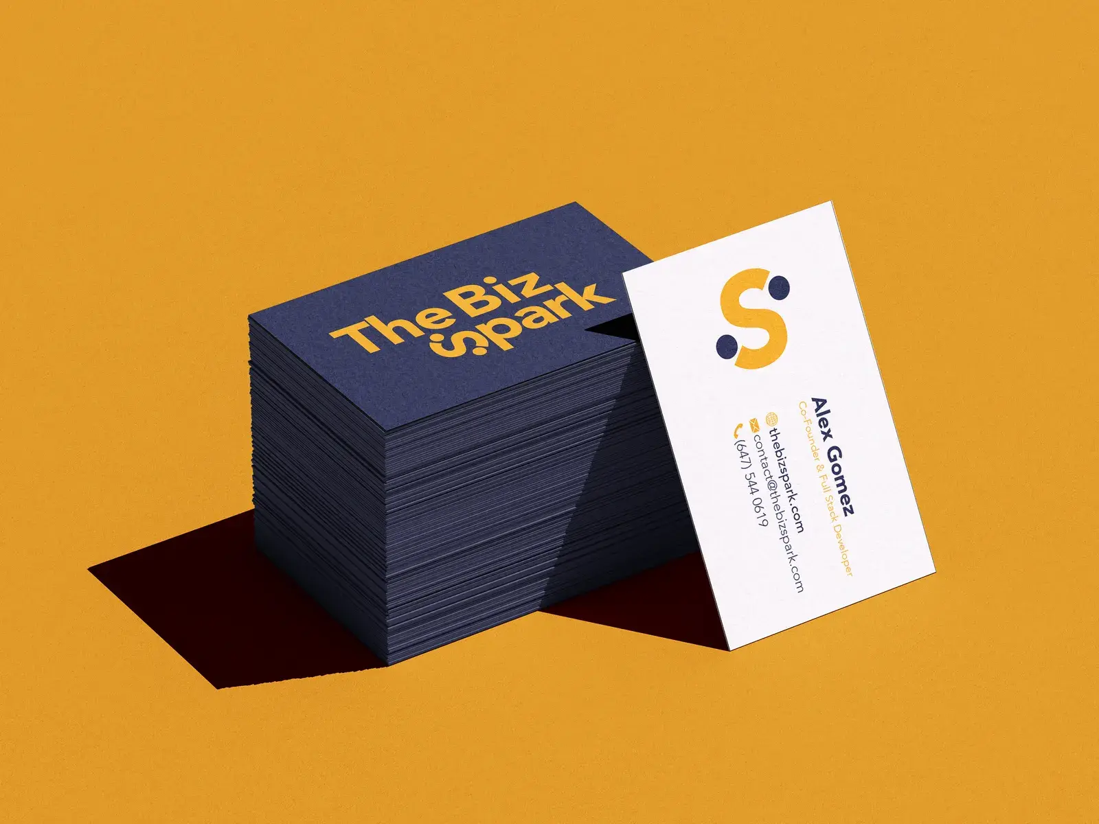 The Biz Spark business cards showing the spark S logomark