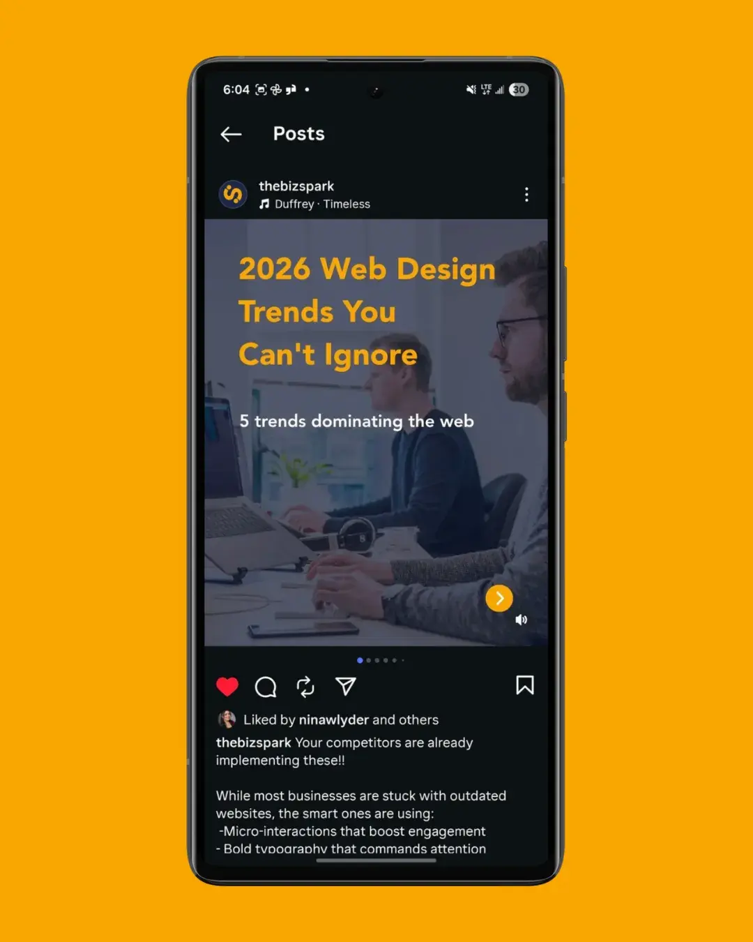The Biz Spark Instagram post about 2026 web design trends