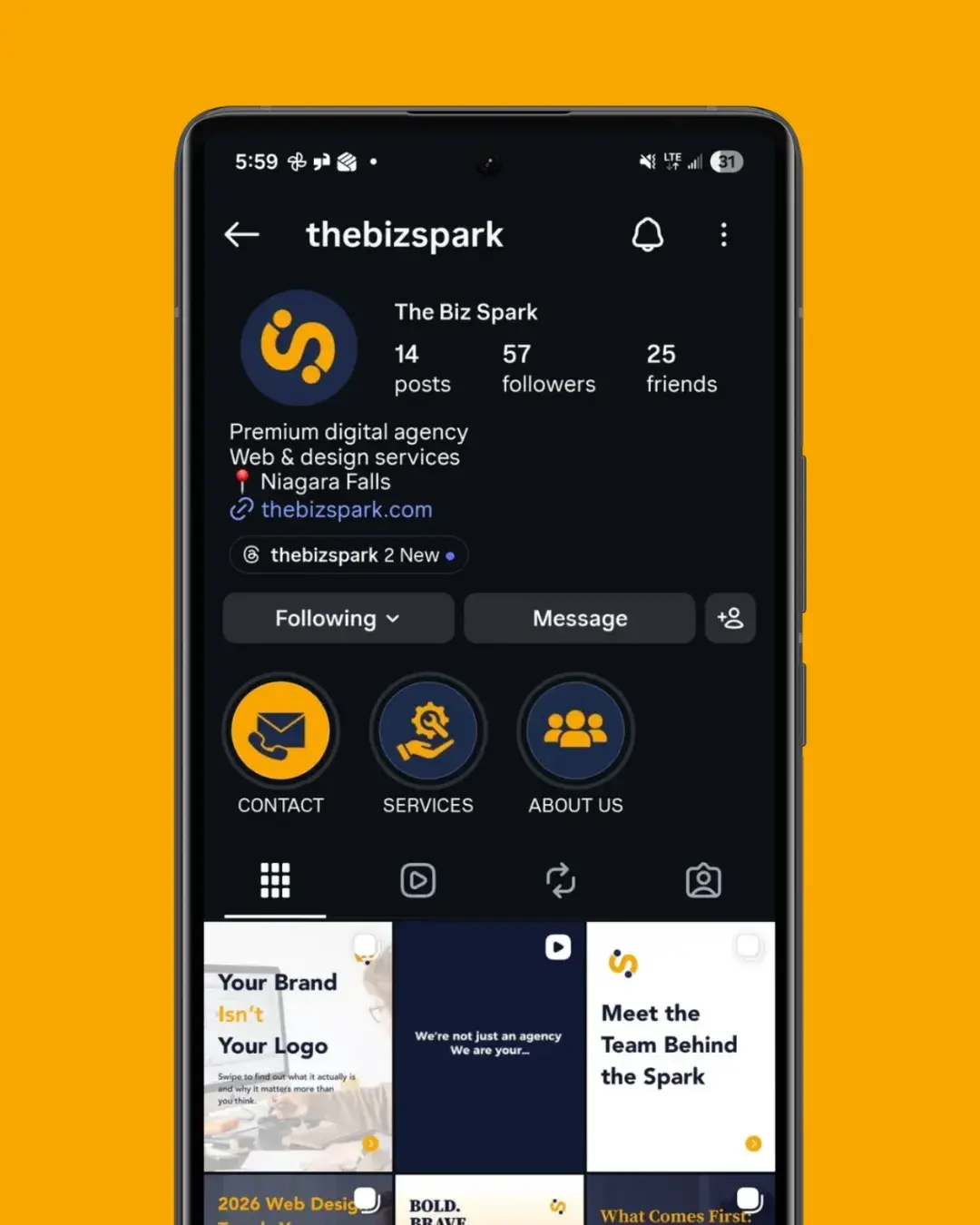 The Biz Spark Instagram profile (@thebizspark) shown on a phone
