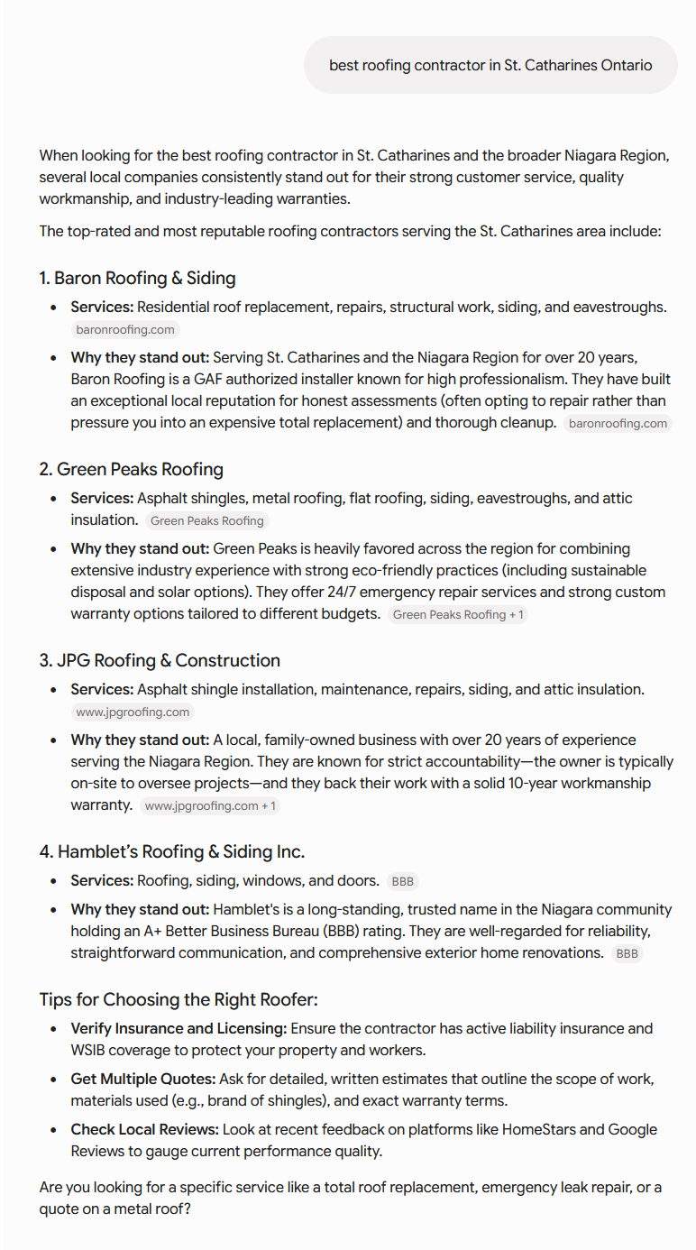 Gemini's answer to the same question, listing Baron Roofing and Siding, Green Peaks Roofing, JPG Roofing and Construction and Hamblet's Roofing and Siding, citing company websites and a BBB category page.