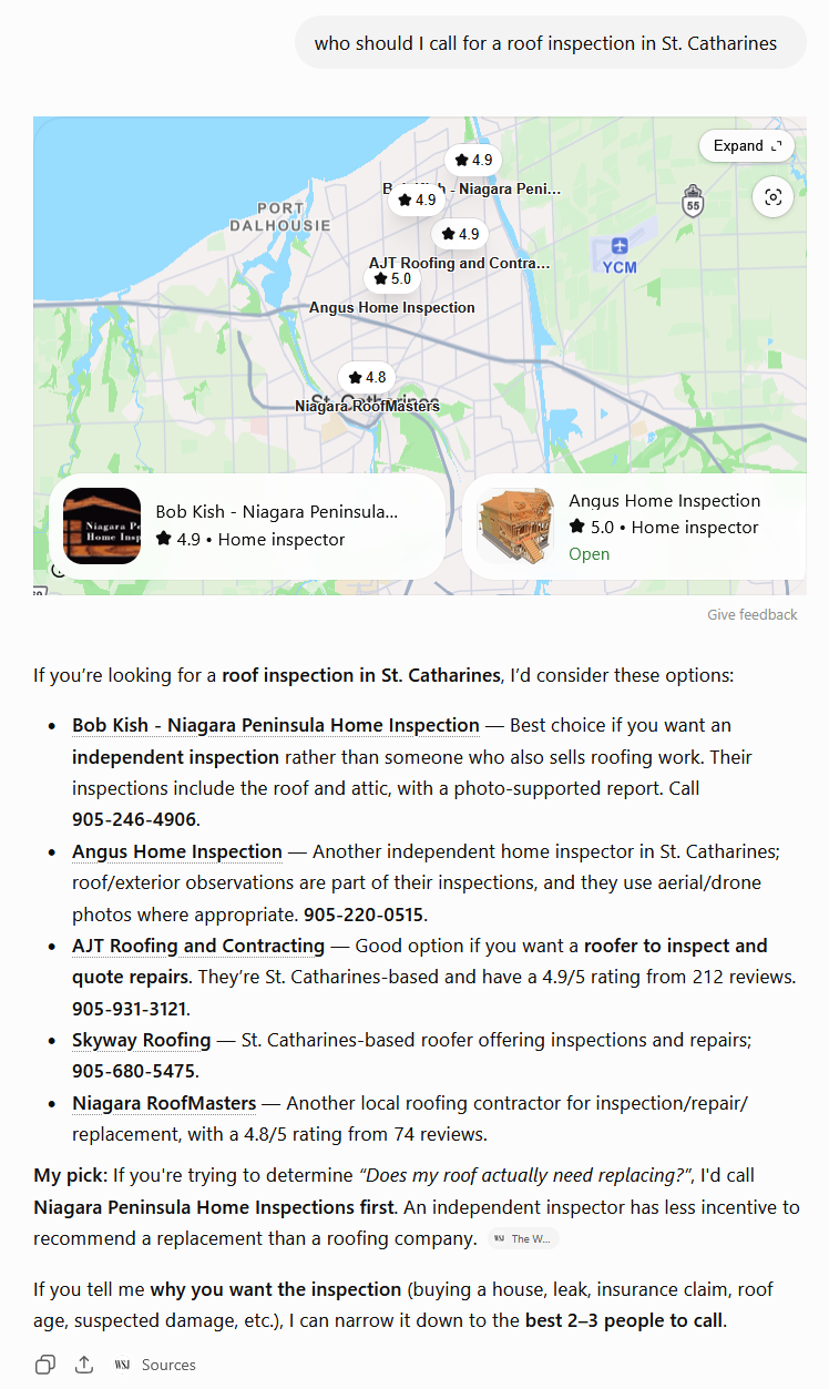 ChatGPT's answer to "who should I call for a roof inspection in St. Catharines", listing Bob Kish Niagara Peninsula Home Inspection and Angus Home Inspection ahead of AJT Roofing, and picking the independent inspector.
