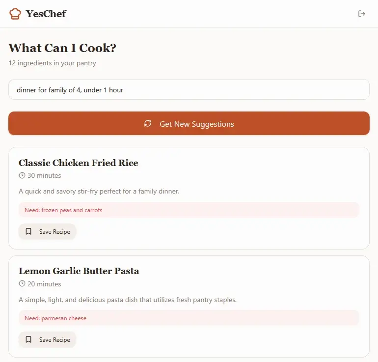 Base44's YesChef "What Can I Cook?" screen listing generated recipe suggestions from the pantry