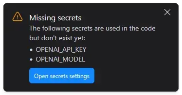Bolt "Missing secrets" warning asking for OPENAI_API_KEY and OPENAI_MODEL before the app's AI feature will work
