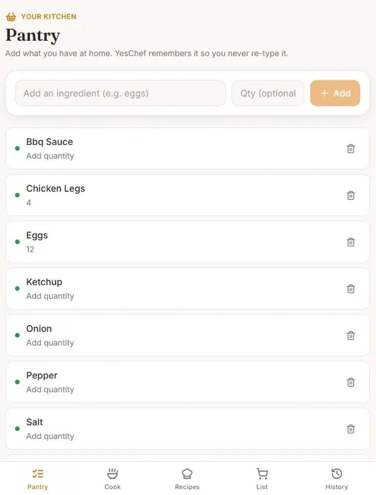 Bolt's YesChef pantry screen with a muted, understated design and a bottom navigation bar
