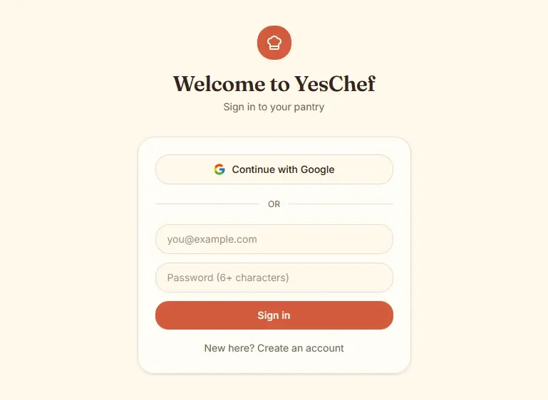 Login screen Lovable generated for YesChef with a "Continue with Google" option, without being prompted