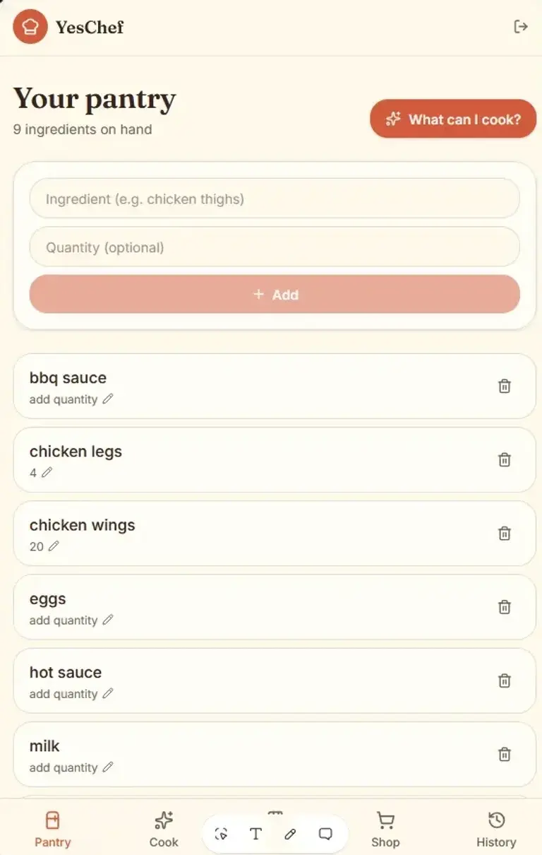Lovable's YesChef pantry screen showing nine ingredients with a "What can I cook?" button