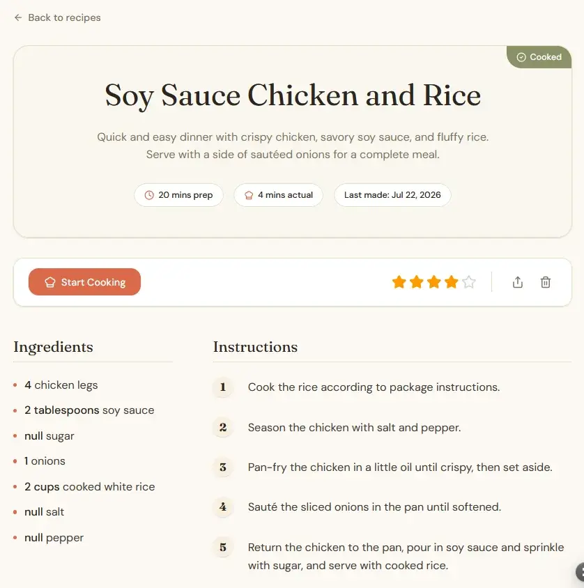 Replit's YesChef recipe detail page for "Soy Sauce Chicken and Rice" showing a star rating, prep vs. actual cook time, and a cooked badge