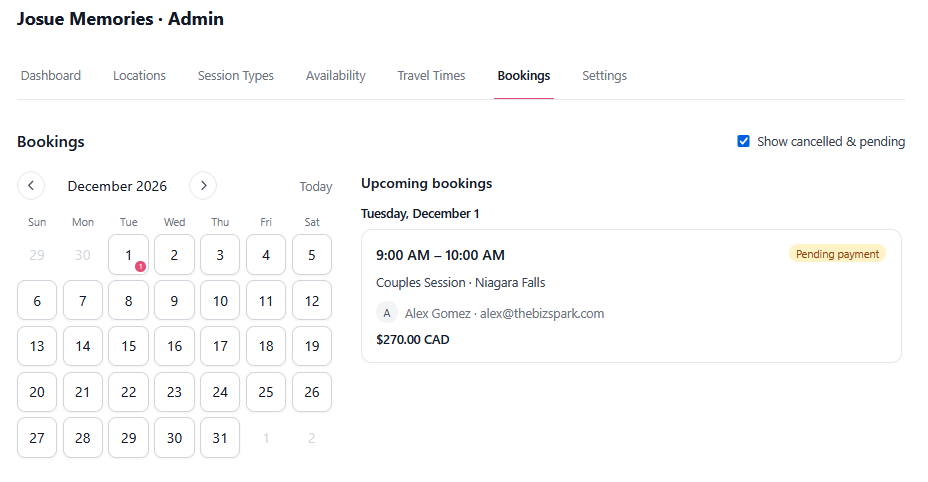The admin bookings view showing a Niagara Falls Couples Session on December 1 from 9 to 10 AM, flagged pending payment.