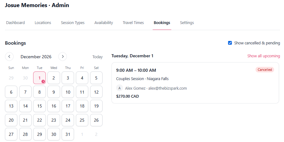 The same booking in the admin view, now flagged cancelled after the payment hold expired.