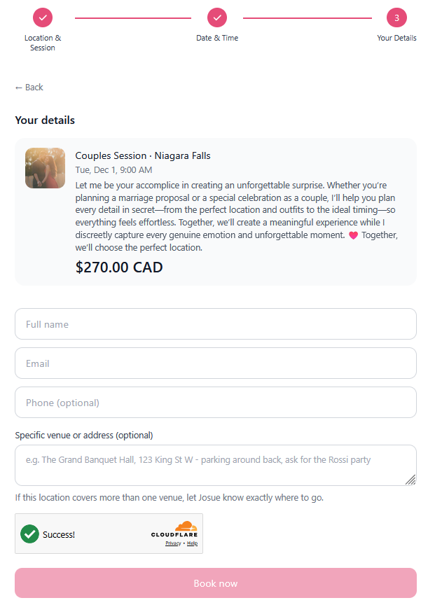 The final step of the booking form, collecting name, email, phone and an optional venue address, with a Cloudflare Turnstile check showing success.