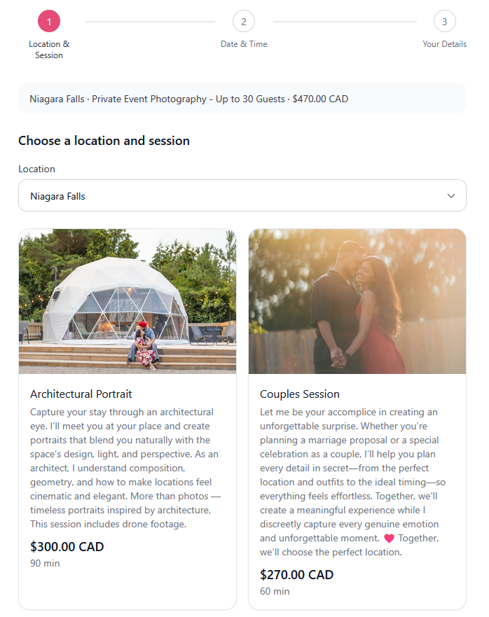 The booking flow's first step, choosing a location and a session type, showing real sessions and live pricing for Niagara Falls.