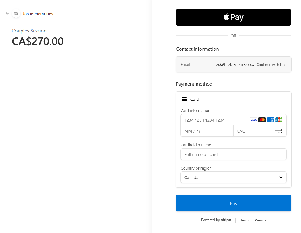 The live Stripe checkout page for a Couples Session at 270 Canadian dollars, with Apple Pay and card payment options.