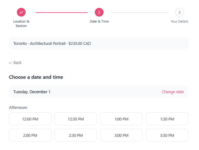 The Toronto booking page for December 1, showing no morning section at all and a first available slot of 12:00 PM.