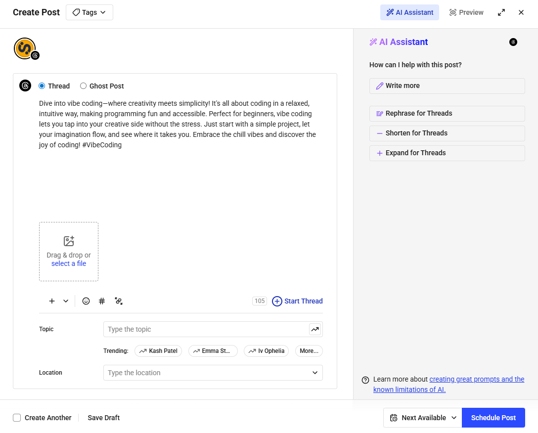 Buffer AI assistant and scheduling