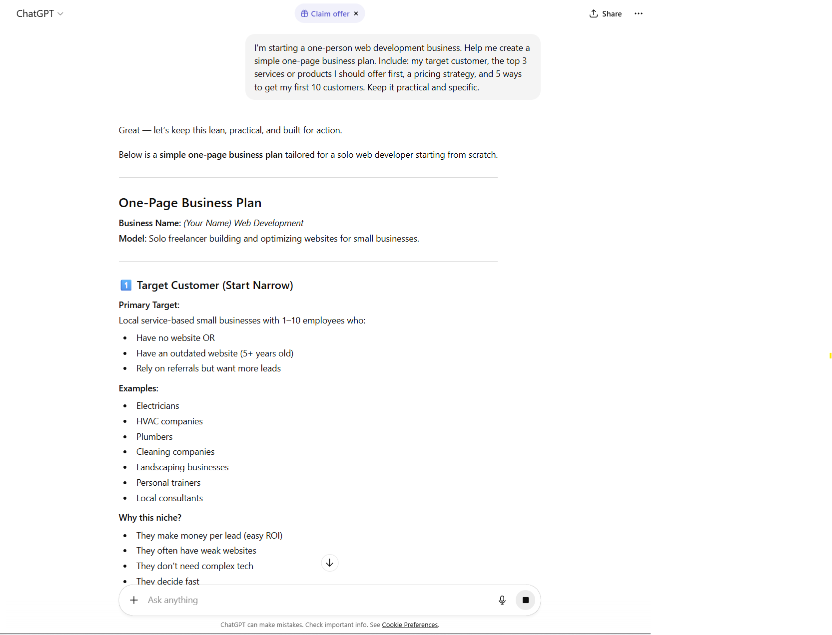 ChatGPT generating a business plan