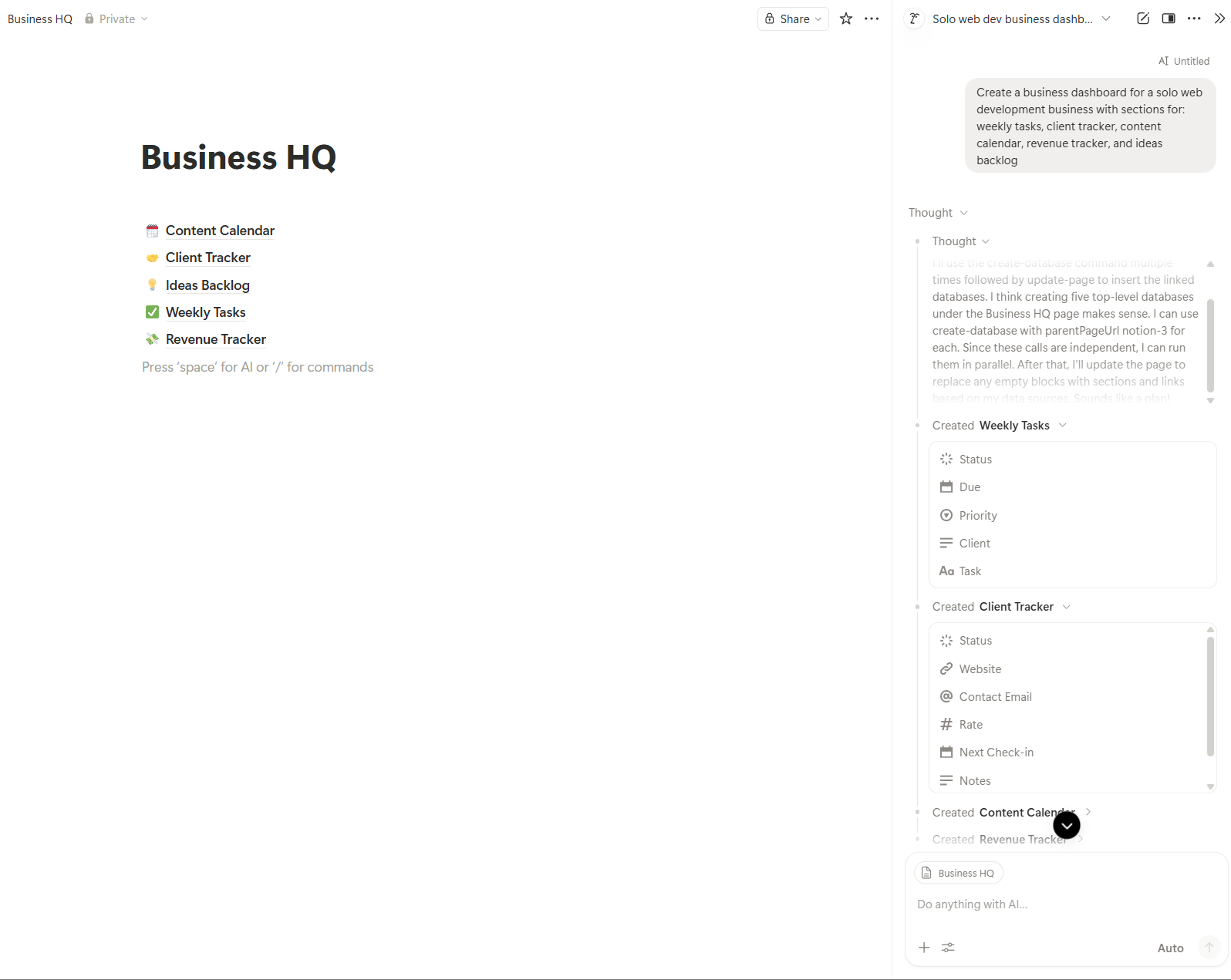 Notion AI creating a business dashboard