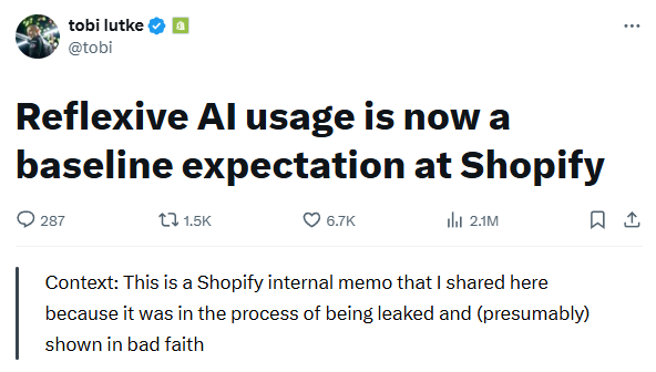 Shopify CEO Tobi Lutke memo about AI-first hiring