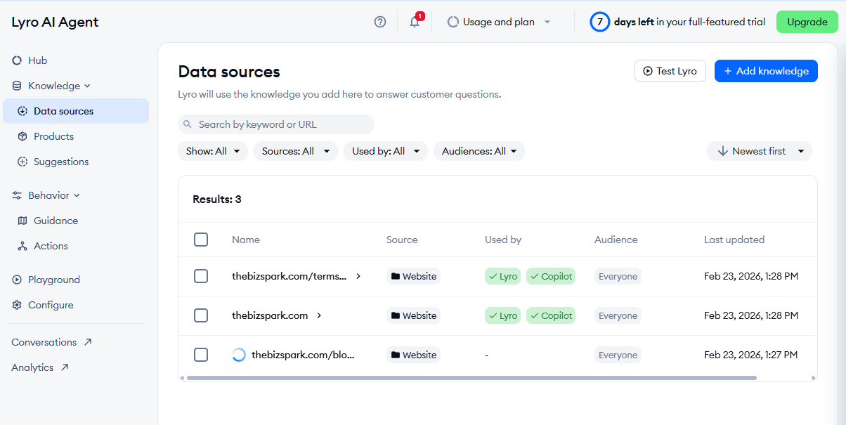 Tidio Lyro AI knowledge base setup
