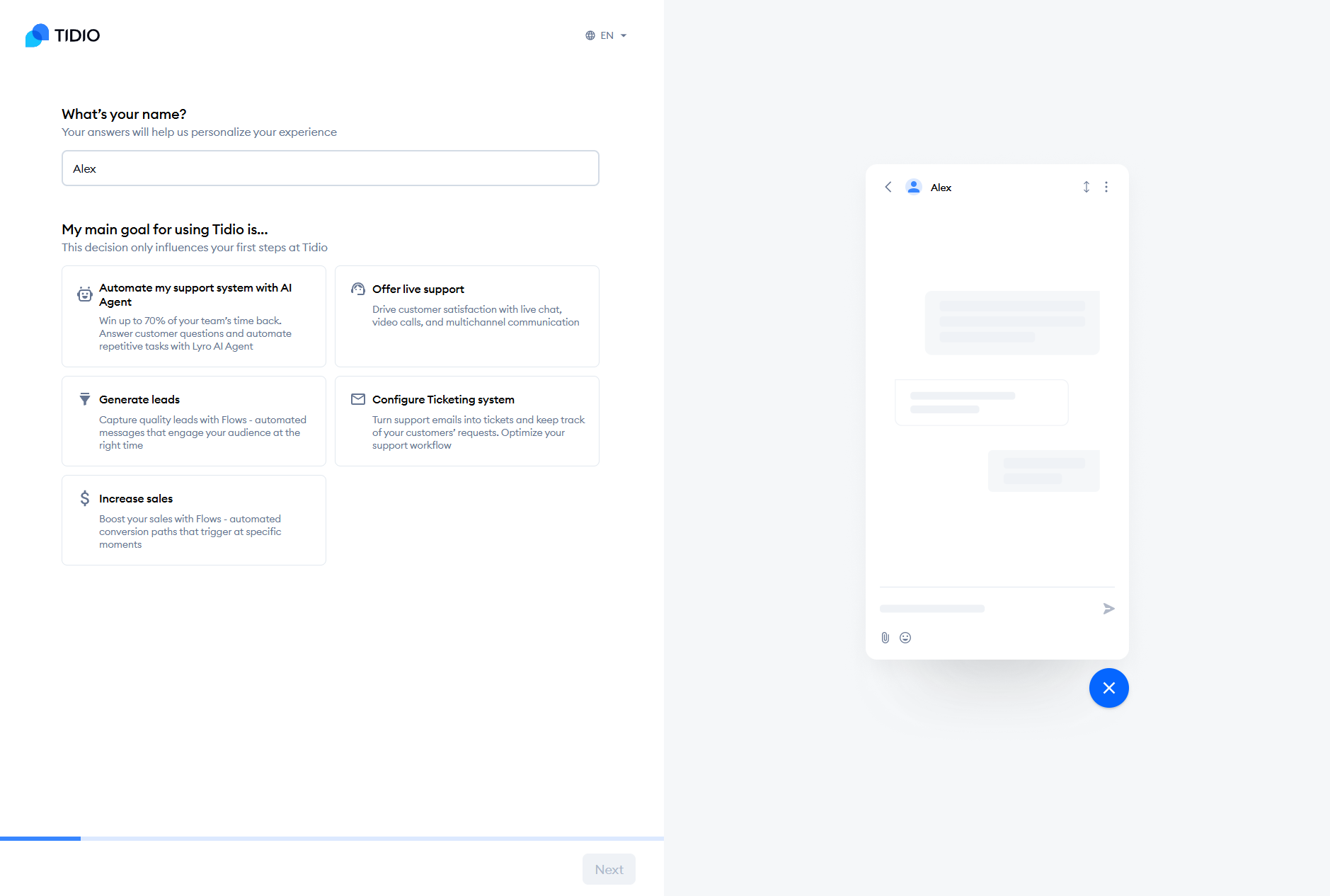 Tidio sign up and widget customization