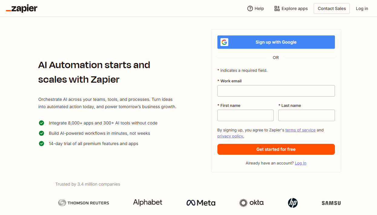 Zapier sign up page