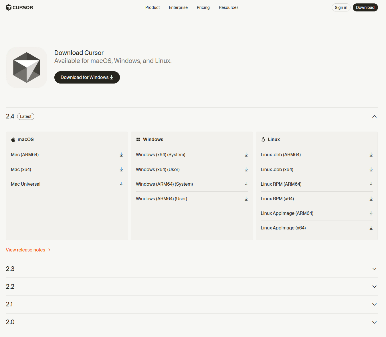 Cursor download page