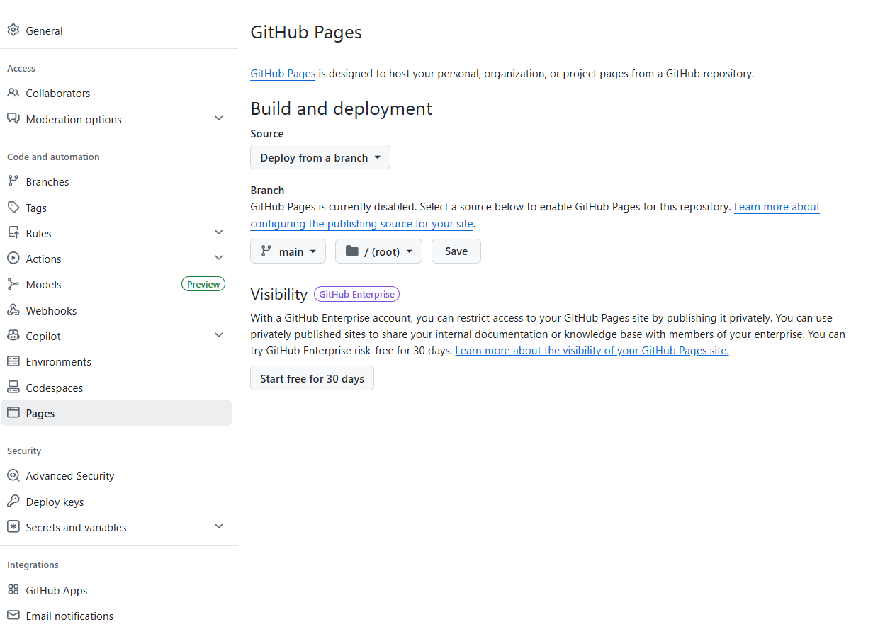 GitHub Pages settings