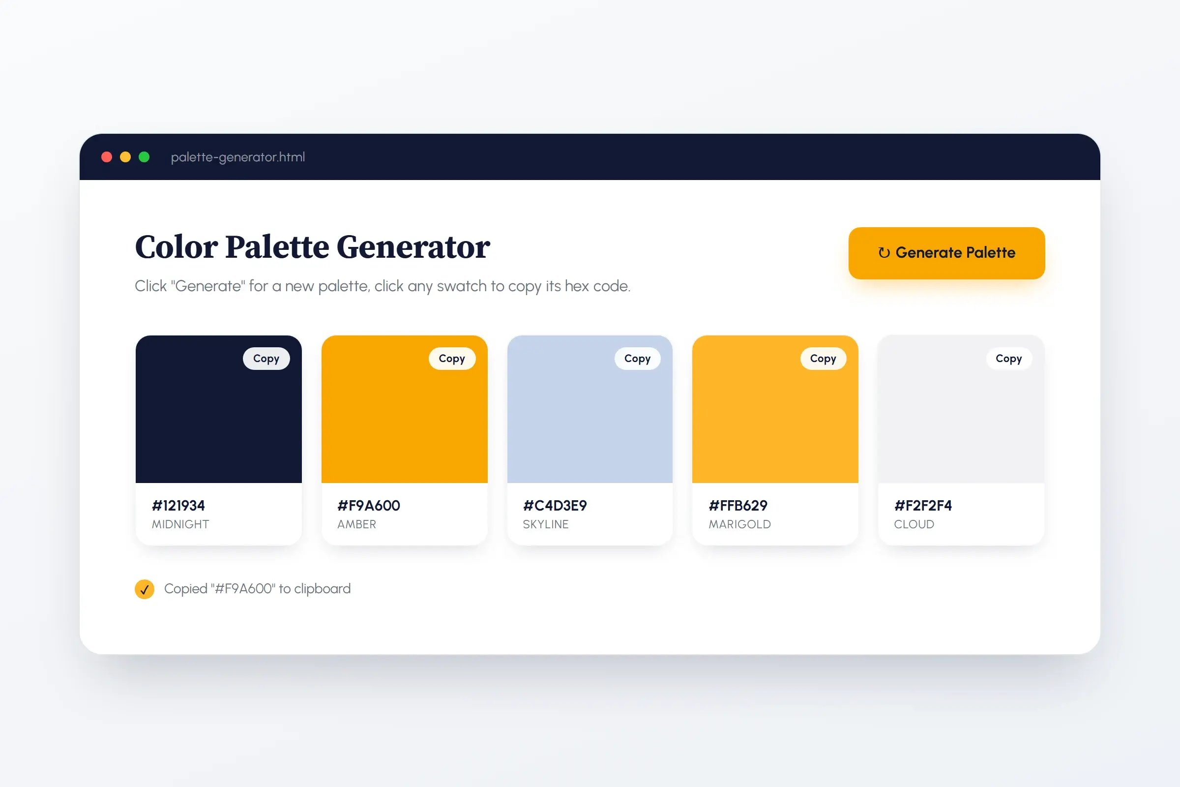 Brand-styled demo of a beginner vibe coding color palette generator app