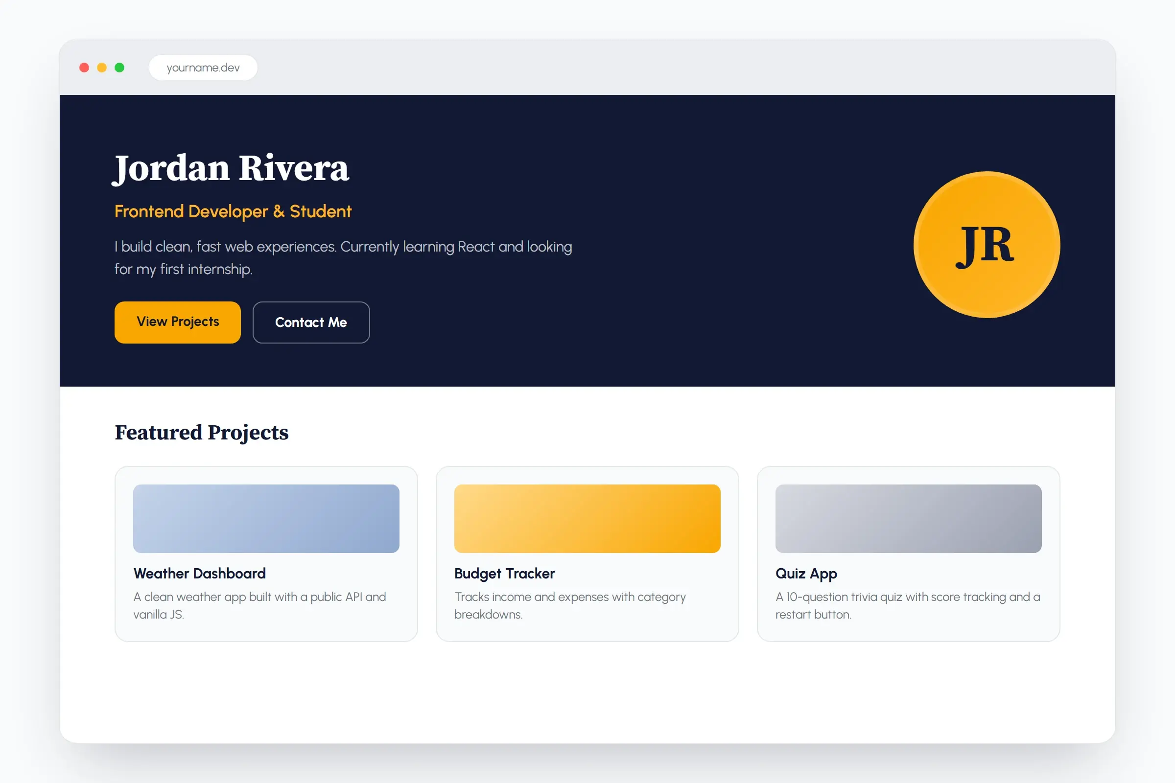 Brand-styled demo of a beginner vibe coding personal portfolio site