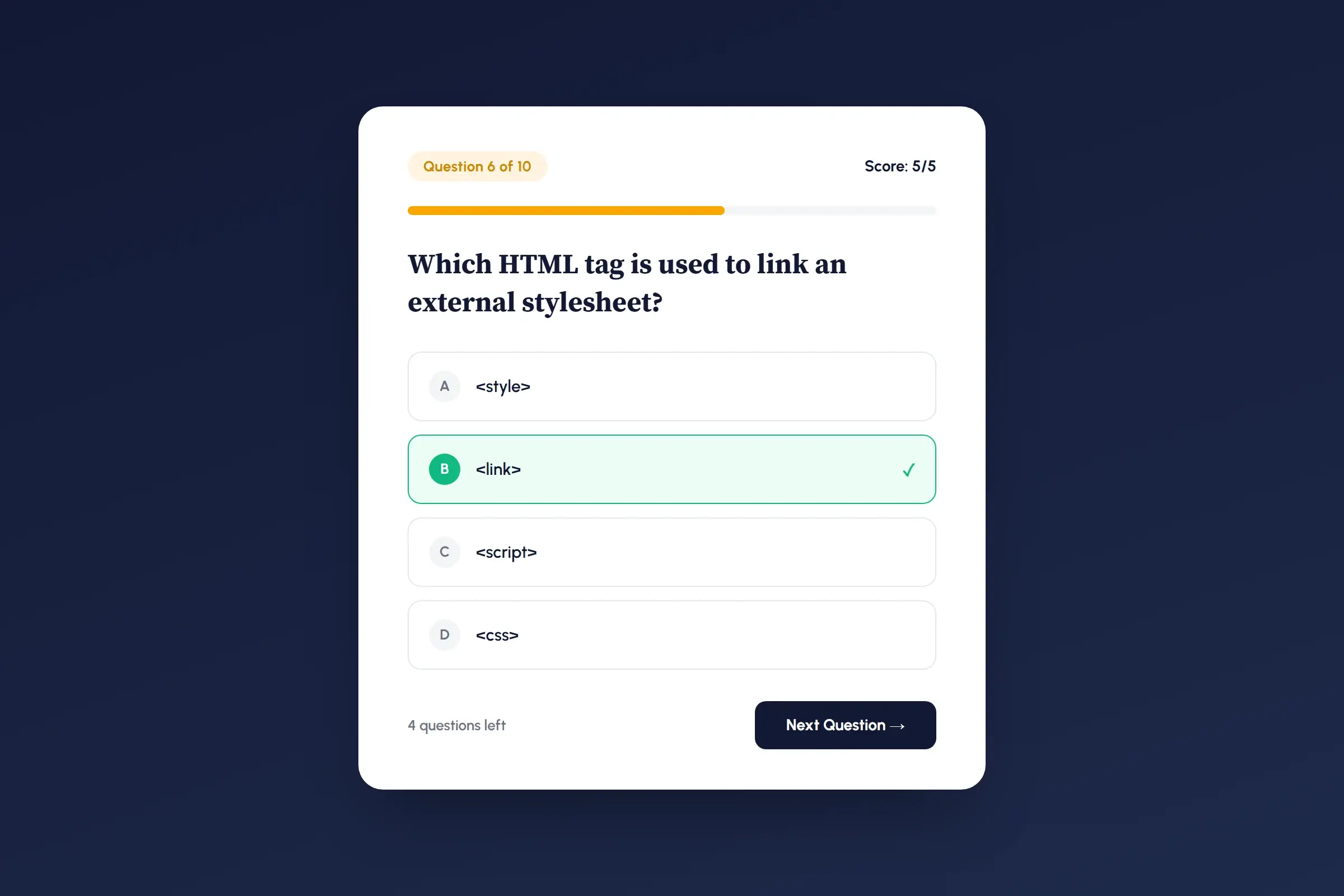 Brand-styled demo of a beginner vibe coding quiz app